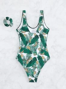 SHEIN 熱帶圖案連體泳衣和大腸髮圈 - 彩色 - 查看 7