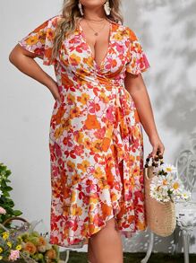 SHEIN VCAY Đầm Plus Size Thắt lưng Viên lá sen Trọn gói Hoa Tất cả trên in Boho - Nhiều màu - Xem 1