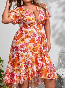 SHEIN VCAY Đầm Plus Size Thắt lưng Viên lá sen Trọn gói Hoa Tất cả trên in Boho - Nhiều màu - Xem 5
