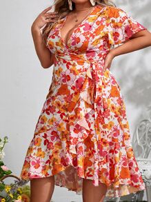 SHEIN VCAY Đầm Plus Size Thắt lưng Viên lá sen Trọn gói Hoa Tất cả trên in Boho - Nhiều màu - Xem 4