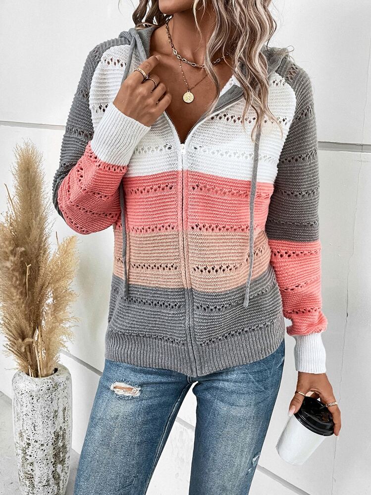 EMERY ROSE Cardigan con cappuccio a cordoncino, a maglia traforata a blocchi di colore, con maniche lunghe - Rosa corallo - Visualizzare 3