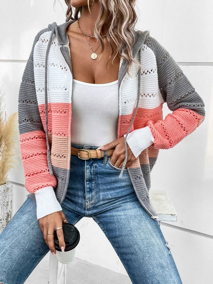 EMERY ROSE Cardigan con cappuccio a cordoncino, a maglia traforata a blocchi di colore, con maniche lunghe - Rosa corallo - Visualizzare 5