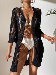 Hollow Out Belted Kimono Without Bikini - Black - View 3