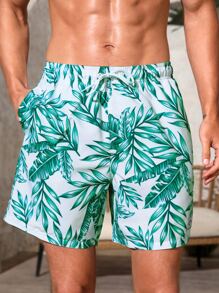 Surfspeed Men Tropical Print Letter Patched Detail Drawstring Waist Swim Trunks - Multicolor - View 1
