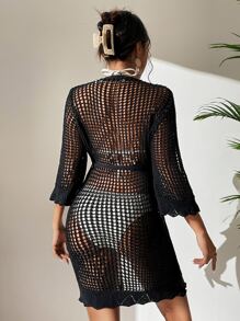 Hollow Out Belted Kimono Without Bikini - Black - View 2