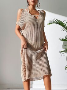 Cold Shoulder Hollow Out Cover Up Dress Without Bikini Set - Apricot - View 3