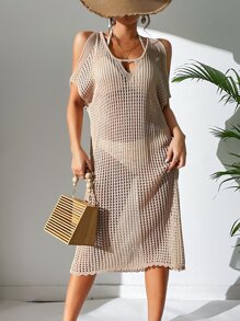 Cold Shoulder Hollow Out Cover Up Dress Without Bikini Set - Apricot - View 1
