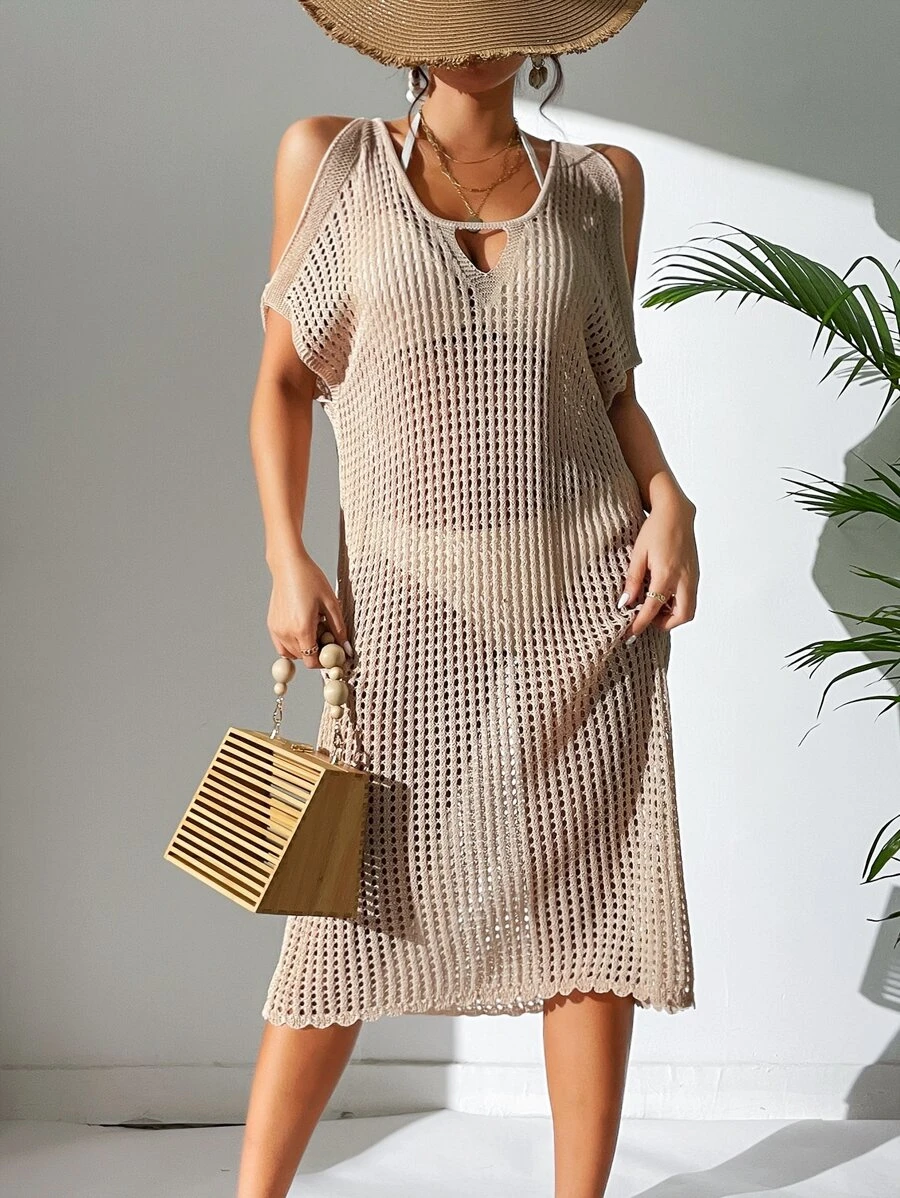 Cold Shoulder Hollow Out Cover Up Dress Without Bikini Set - Apricot - View 1