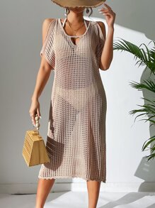 Cold Shoulder Hollow Out Cover Up Dress Without Bikini Set - Apricot - View 4