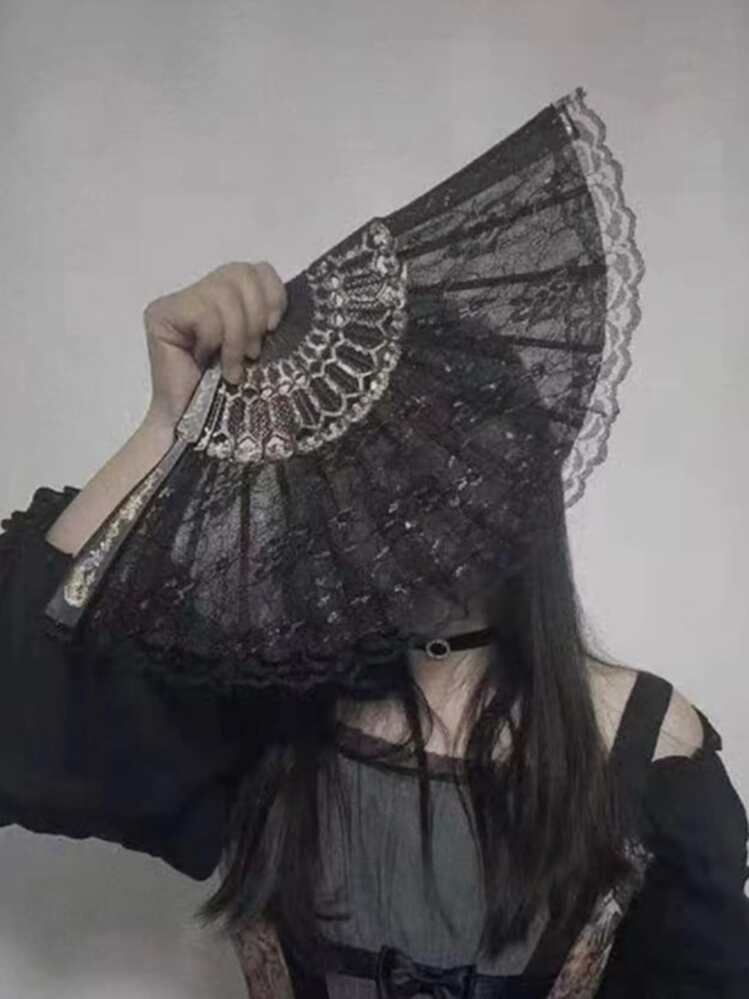 ROMWE Goth 貝殼邊服飾扇 - 黑色 - 查看 1