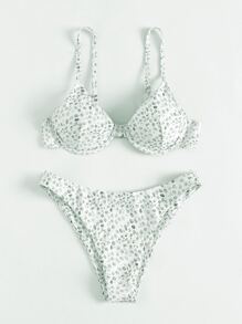 Swim Mod Summer Beach Allover Print Push Up Bikini - Beige - View 3