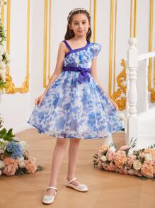SHEIN Đầm Gái Bất đối xứng Thắt lưng Xù Hoa Tất cả trên in Boho - Xanh và trắng - Xem 6