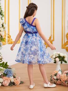 SHEIN Đầm Gái Bất đối xứng Thắt lưng Xù Hoa Tất cả trên in Boho - Xanh và trắng - Xem 2