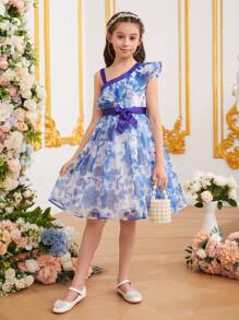 SHEIN Đầm Gái Bất đối xứng Thắt lưng Xù Hoa Tất cả trên in Boho - Xanh và trắng - Xem 3