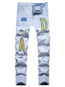 Men Letter Patched Ripped Frayed Jeans - Light Wash - View 1