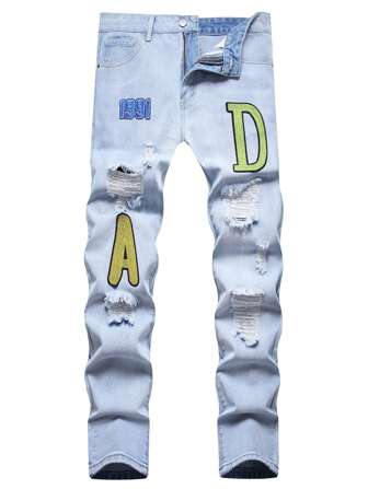 Uomo Jeans con toppa lettera con strappati sfrangiato