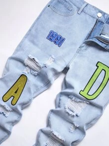 Men Letter Patched Ripped Frayed Jeans - Light Wash - View 6