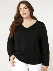 SHEIN BASICS Plus Size Solid V Neck Tee - Black - View 4
