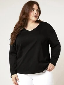SHEIN BASICS Plus Size Solid V Neck Tee - Black - View 5