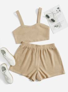 SHEIN EZwear Plus Solid Crop Top & Shorts - Khaki - View 1