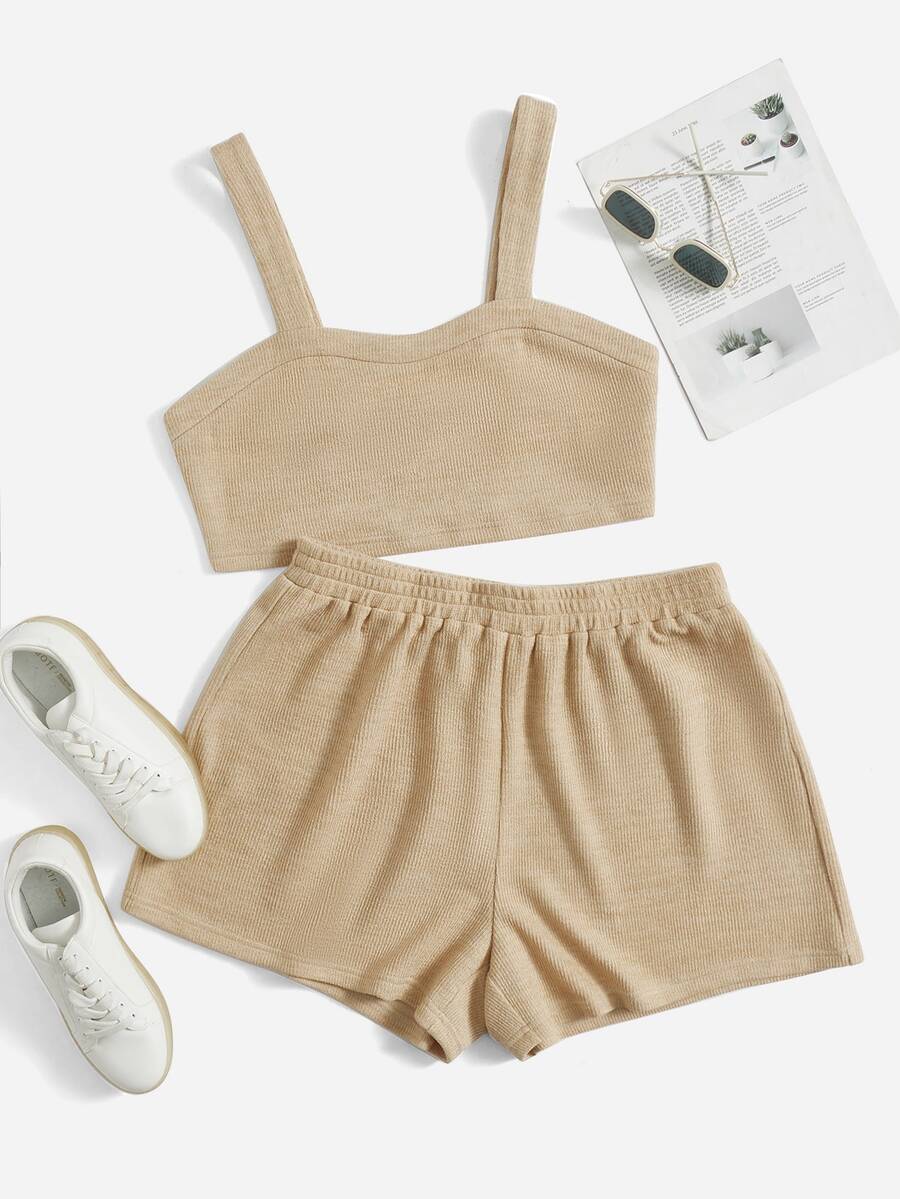 SHEIN EZwear Plus Solid Crop Top & Shorts - Khaki - View 1