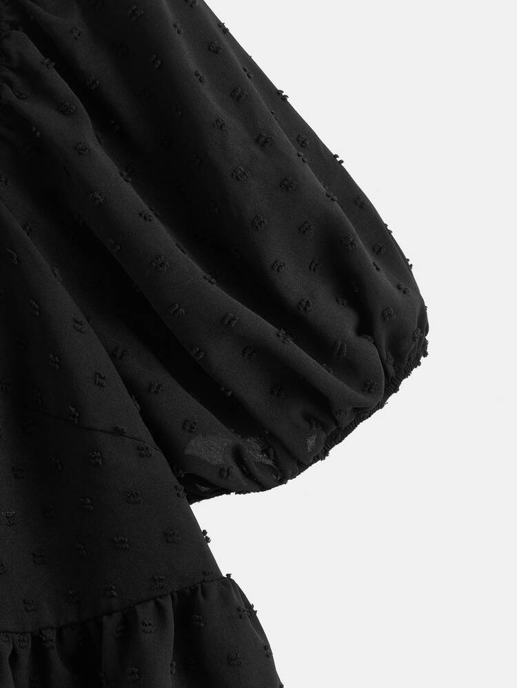 SHEIN VCAY Plus Swiss Dot Knot Front Peplum Blouse - Black - View 3