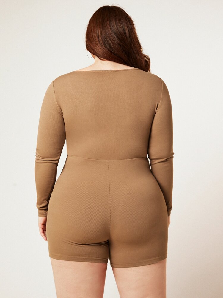 SHEIN BASICS Mameluco Unicolor Con Cuello Redondo - Camel - Añade 2