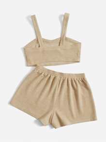 SHEIN EZwear Plus Solid Crop Top & Shorts - Khaki - View 2