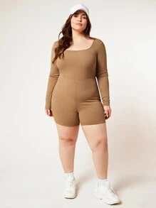 SHEIN BASICS Plus Scoop Neck Unitard Romper - Camel - View 3