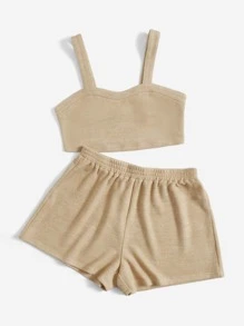 SHEIN EZwear Plus Solid Crop Top & Shorts - Khaki - View 3