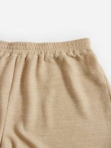 SHEIN EZwear Plus Solid Crop Top & Shorts - Khaki - View 4