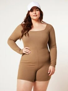 SHEIN BASICS Plus Scoop Neck Unitard Romper - Camel - View 4