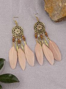 2pcs Feather Tassel Drop Earrings - Multicolor - View 5