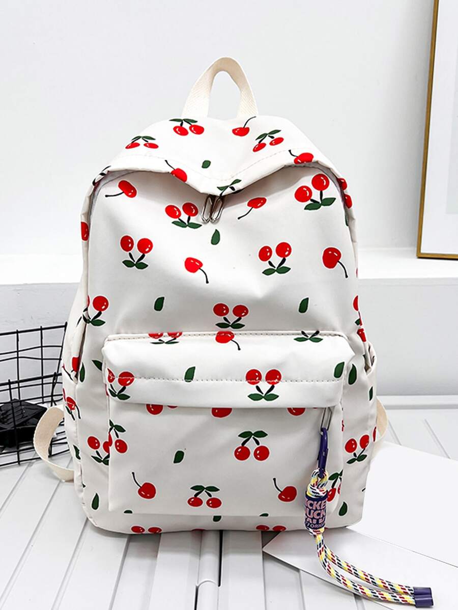 Mochila funcional impermeable, ligera y portátil con estampado de cerezas y colgante, de gran capacidad, para volver al colegio, primer día de escuela, universidad, trabajo, negocios, transporte, compras, vacaciones, con elementos kawaii de cerezas - Blanco - Ver 1