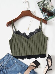 SHEIN ICON Top de tirantes ribete con encaje en contraste - Verde militar - Ver 1