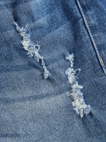 SHEIN Teen Girls Drawstring Waist Ripped Denim Shorts - Medium Wash - View 3