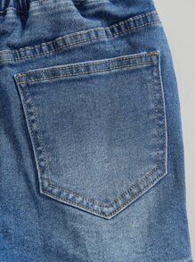 SHEIN Teen Girls Drawstring Waist Ripped Denim Shorts - Medium Wash - View 4