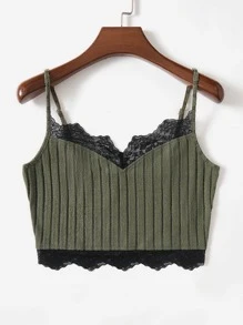 SHEIN ICON Top de tirantes ribete con encaje en contraste - Verde militar - Ver 4