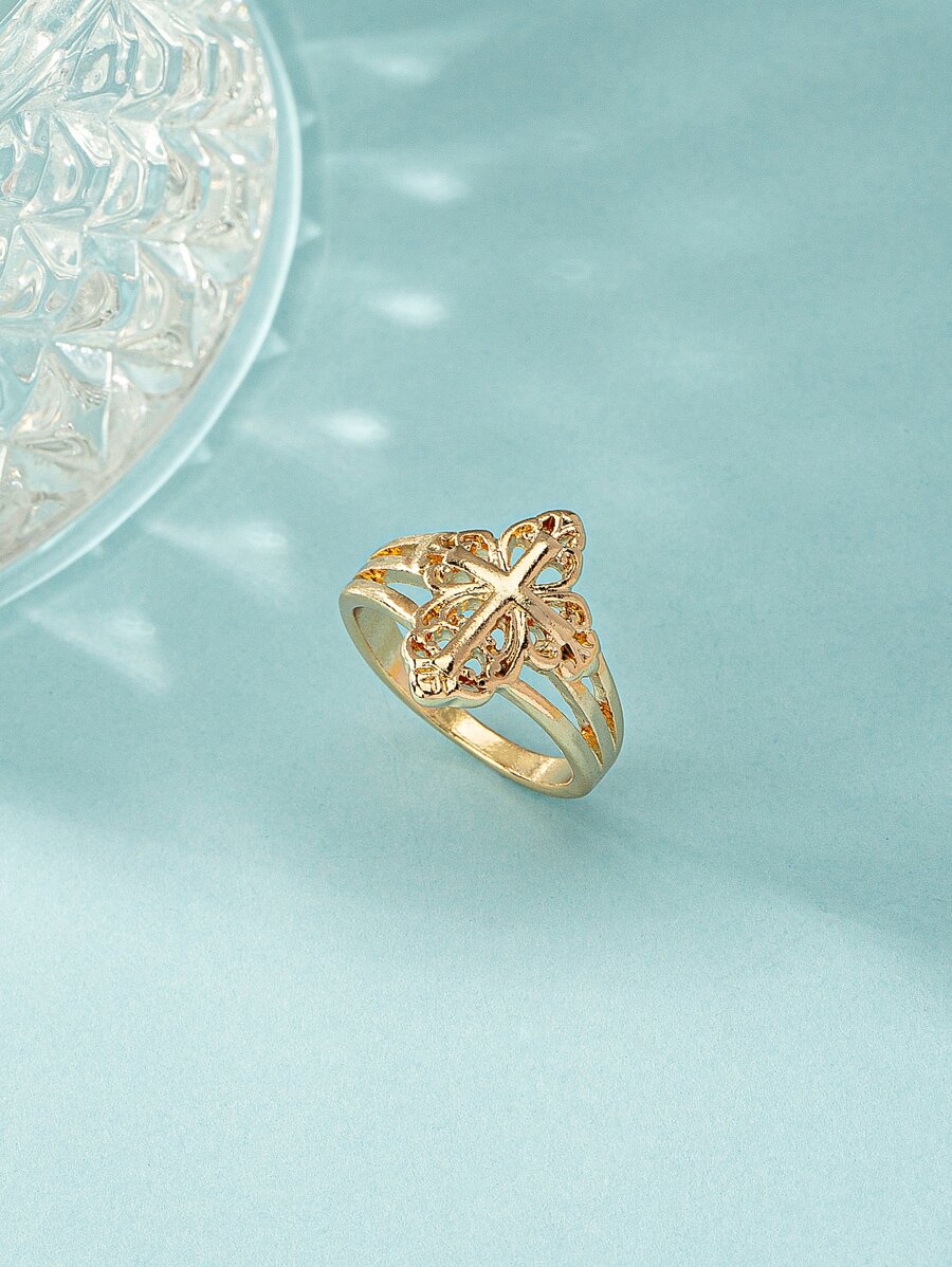 十字架裝飾戒指 - 金黃色 - 查看 1