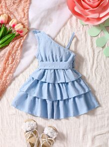 嬰兒不對稱領荷葉邊圓點層疊下擺連衣裙 - 淺藍色 - 查看 2