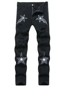 Men Star Print Ripped Frayed Rag Stitching Jeans - Black - View 1