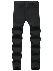 Men Star Print Ripped Frayed Rag Stitching Jeans - Black - View 2