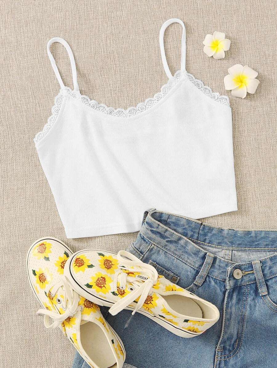 SHEIN EZwear Balletcore Lace Trim Rib-knit Cami Top - White - View 1