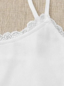 SHEIN EZwear Balletcore Lace Trim Rib-knit Cami Top - White - View 4