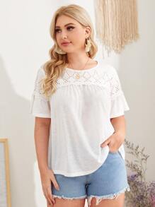 SHEIN LUNE 大碼鐳射剪裁肩部T恤 - 白色 - 查看 4