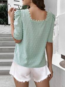 SHEIN Privé 圓點鏤空蕾絲花邊泡泡袖襯衫 - 薄荷綠 - 查看 2