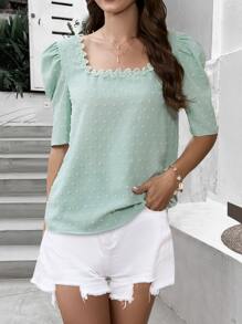 SHEIN Privé 圓點鏤空蕾絲花邊泡泡袖襯衫 - 薄荷綠 - 查看 3