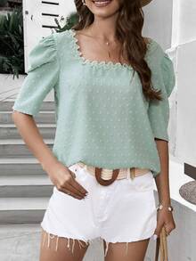 SHEIN Privé 圓點鏤空蕾絲花邊泡泡袖襯衫 - 薄荷綠 - 查看 5