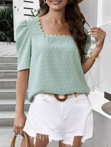 SHEIN Privé 圓點鏤空蕾絲花邊泡泡袖襯衫 - 薄荷綠 - 查看 6