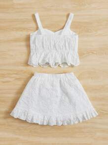 SHEIN 女孩前蝴蝶結荷葉邊網眼刺繡吊帶上衣和半身裙 - 白色 - 查看 2